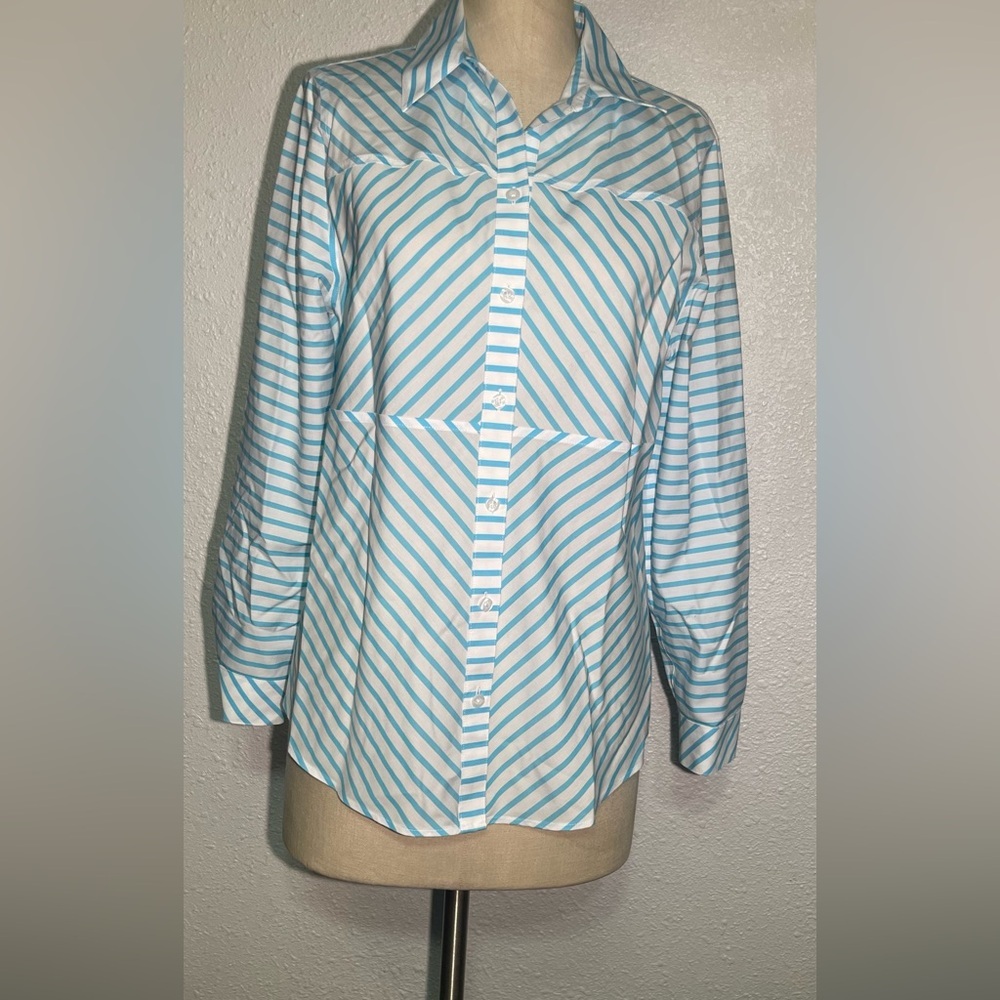Chico’s women’s teal and White Striped Button-Up blouse size medium